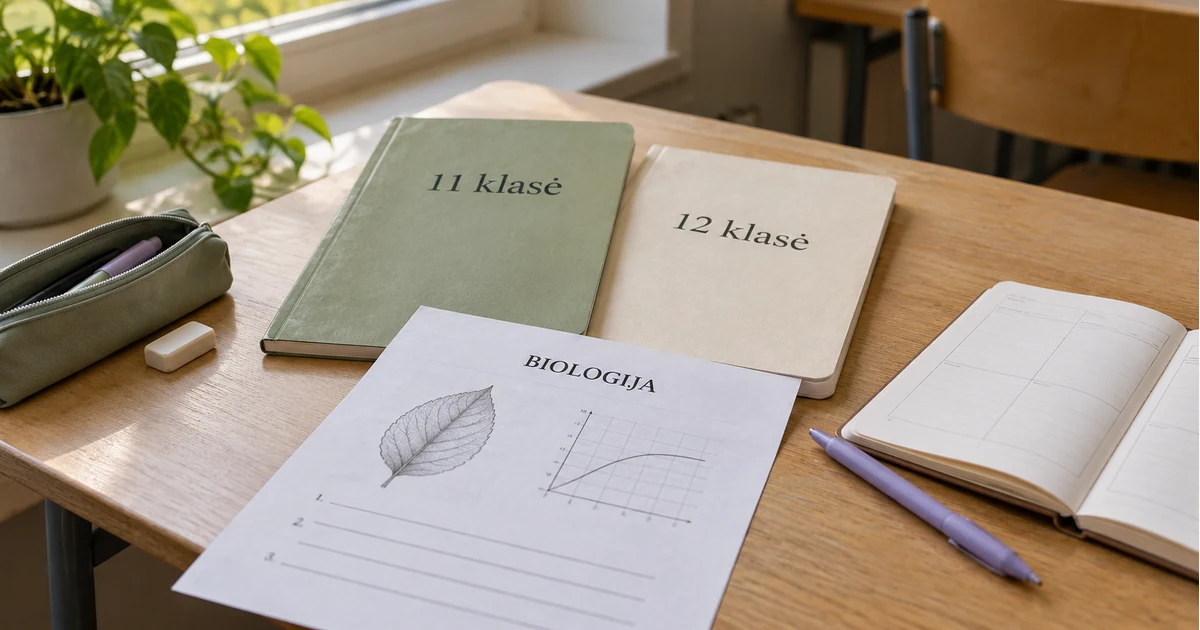 Ant mokyklinio stalo sąsiuviniai „11 klasė“ ir „12 klasė“, biologijos užduočių lapas, planuoklis ir violetinis rašiklis