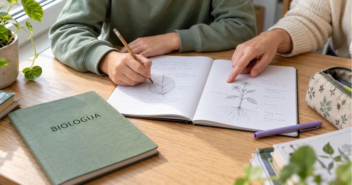Mokinys piešia lapą biologijos sąsiuvinyje, o suaugęs žmogus rodo augalo piešinį; šalia knyga „Biologija“