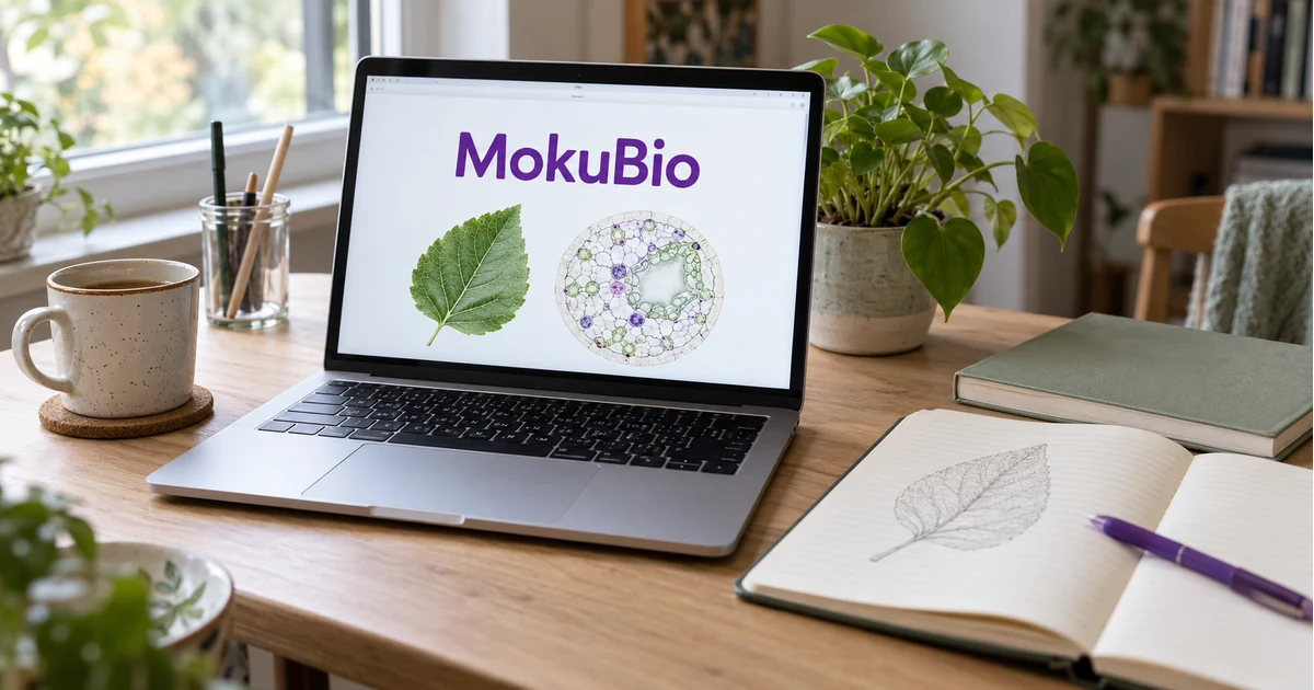 Darbo stalas su laptopu, kurio ekrane matomas užrašas „MokuBio“, lapo ir ląstelių vaizdai, šalia sąsiuvinis ir augalas