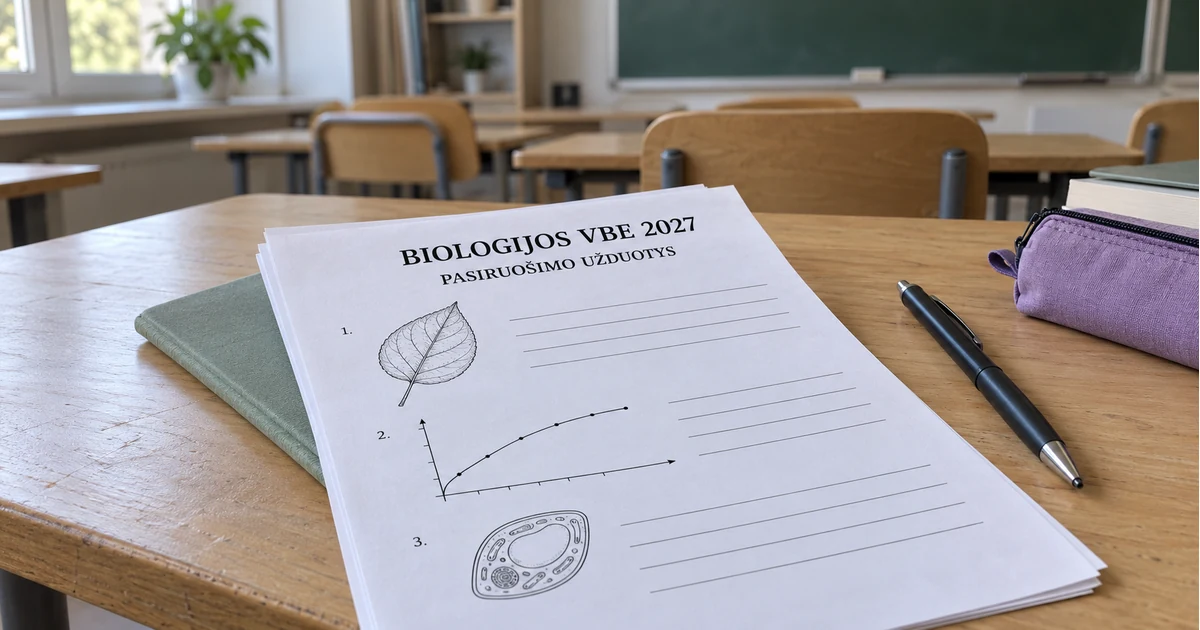 Ant mokyklinio stalo padėtas lapas „Biologijos VBE 2027. Pasiruošimo užduotys“ su biologijos piešiniais, šalia rašiklis