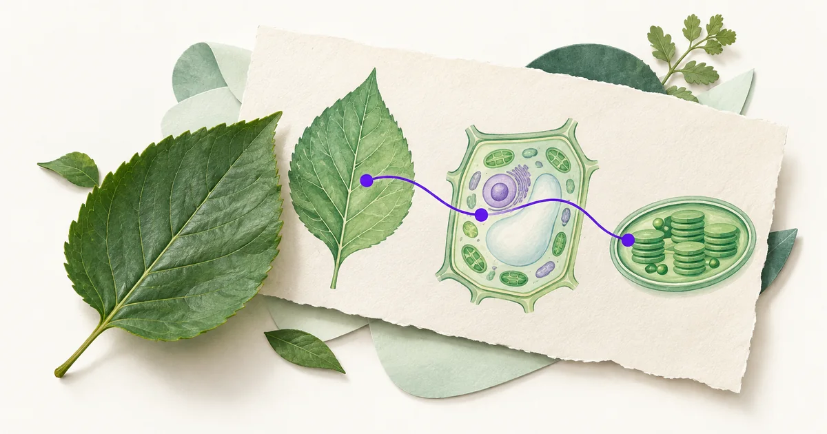 Žalias lapas ir violetine linija sujungti lapo, augalo ląstelės bei chloroplasto piešiniai