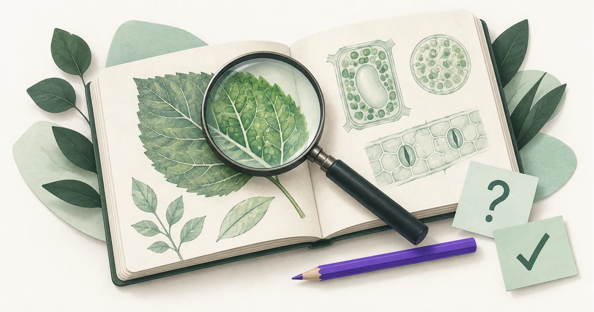Atversta biologijos knyga su lapo piešinį didinančia lupa, violetiniu pieštuku ir užduočių kortelėmis